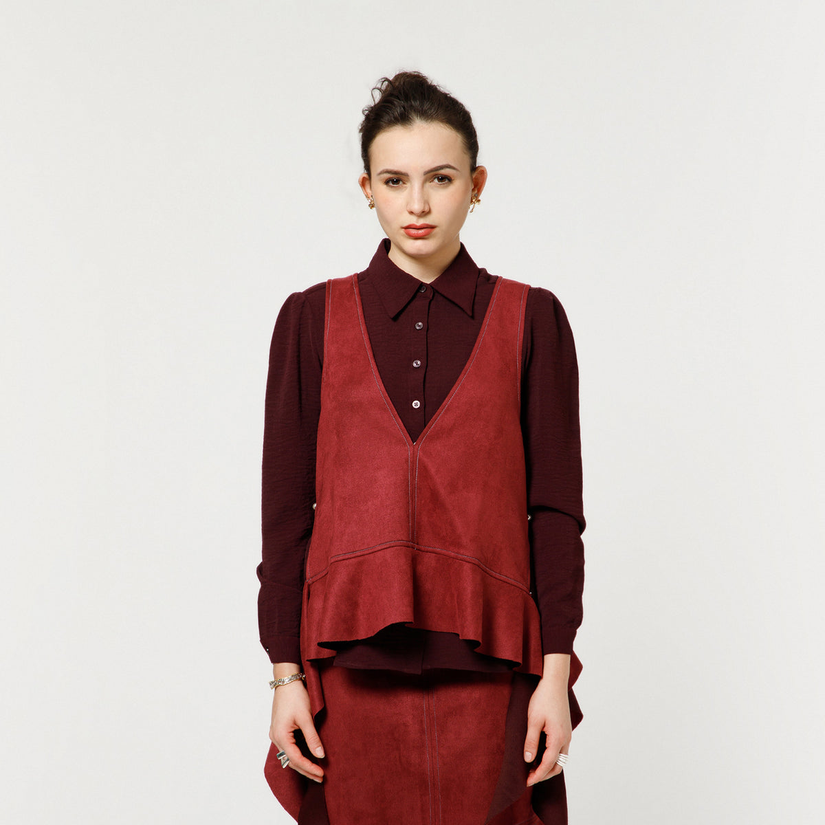 Wine Suede Shrugs With Prune Crepe Shirt