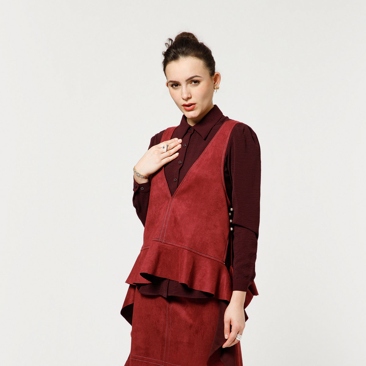 Wine Suede Shrugs With Prune Crepe Shirt