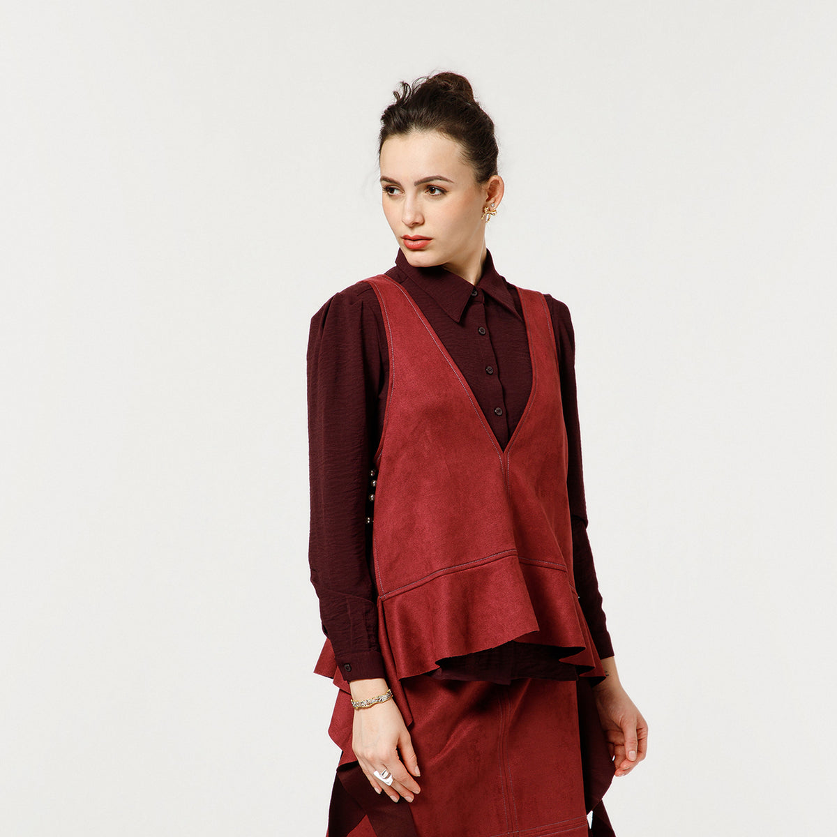 Wine Suede Shrugs With Prune Crepe Shirt