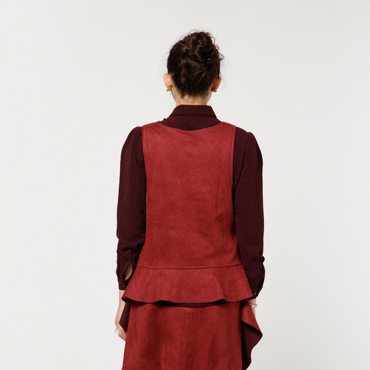 Wine Suede Shrugs With Prune Crepe Shirt