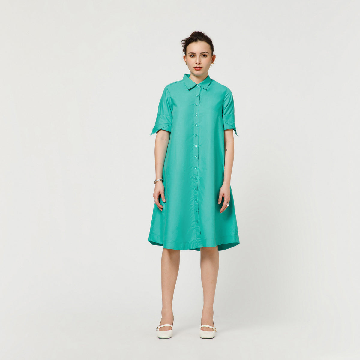 Turquoise A-Line Dress With Dramatic Cuff