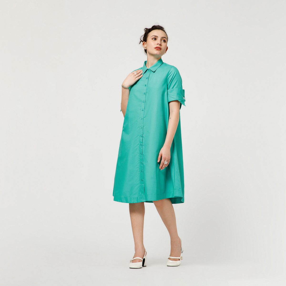 Turquoise A-Line Dress With Dramatic Cuff