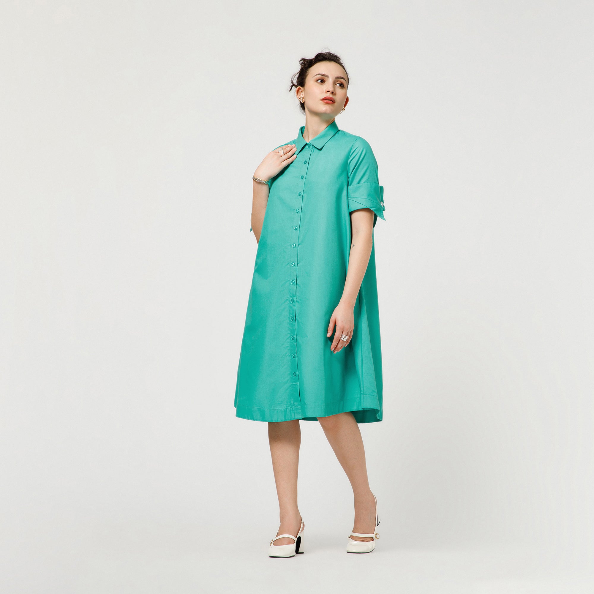 Turquoise A-Line Dress With Dramatic Cuff