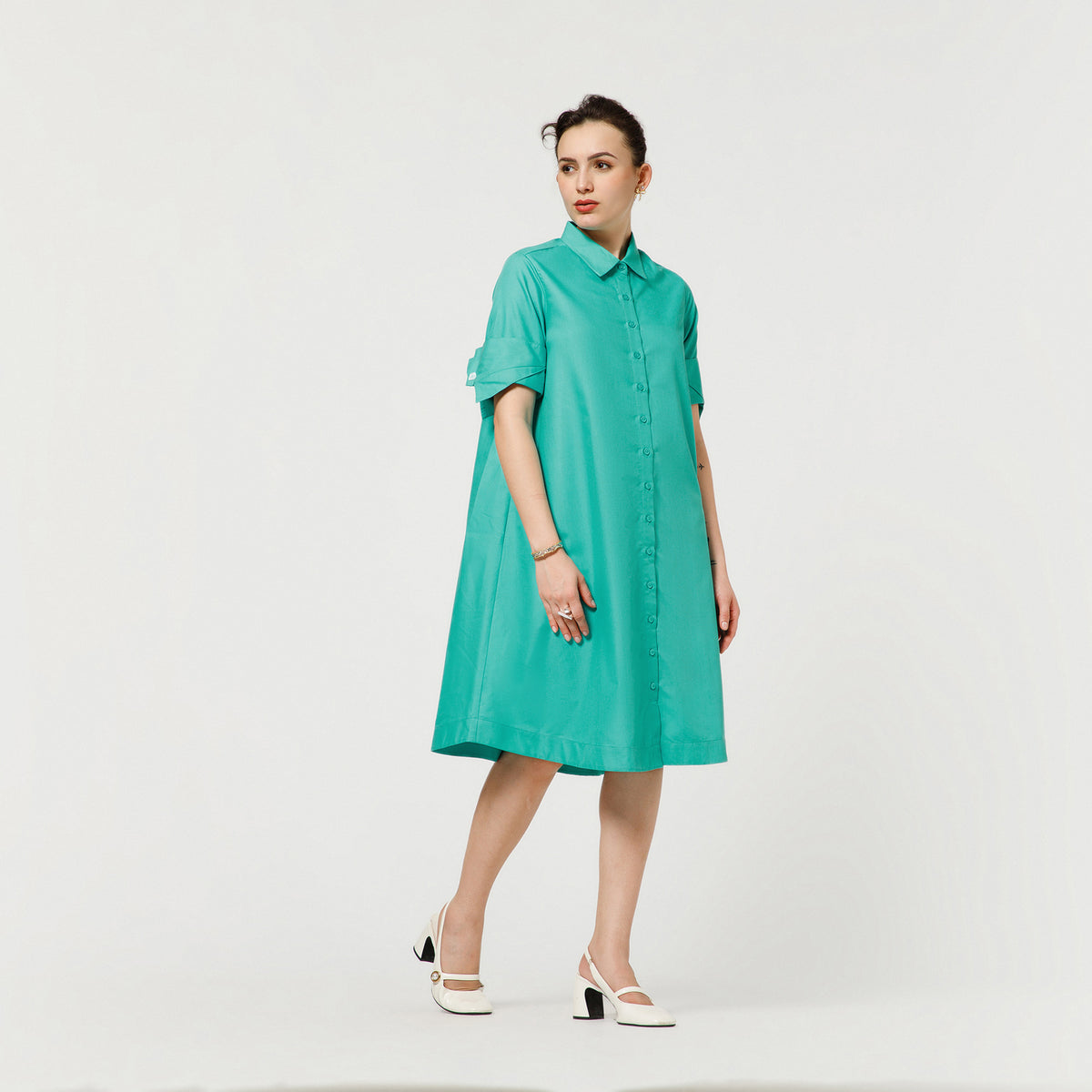 Turquoise A-Line Dress With Dramatic Cuff