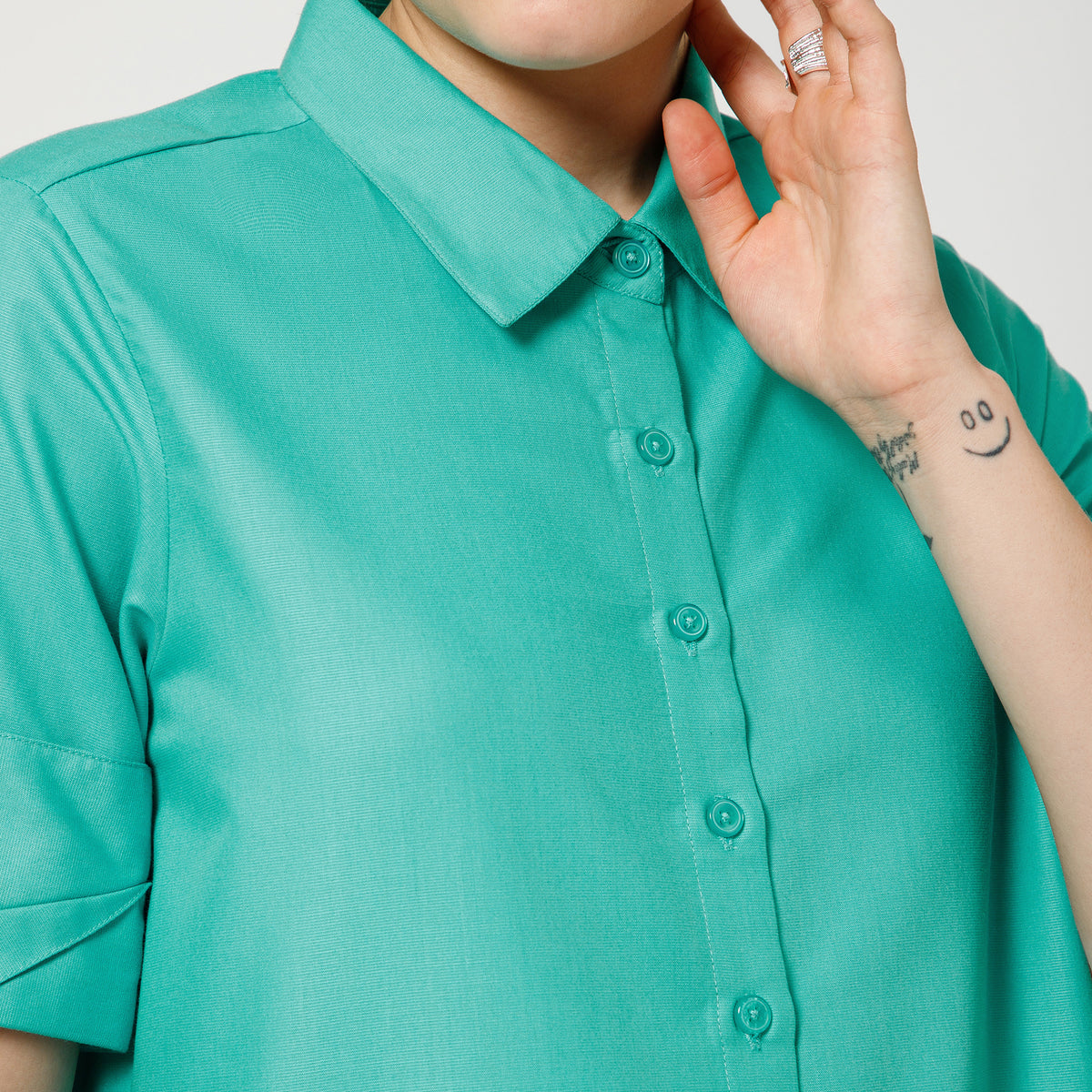 Turquoise A-Line Dress With Dramatic Cuff