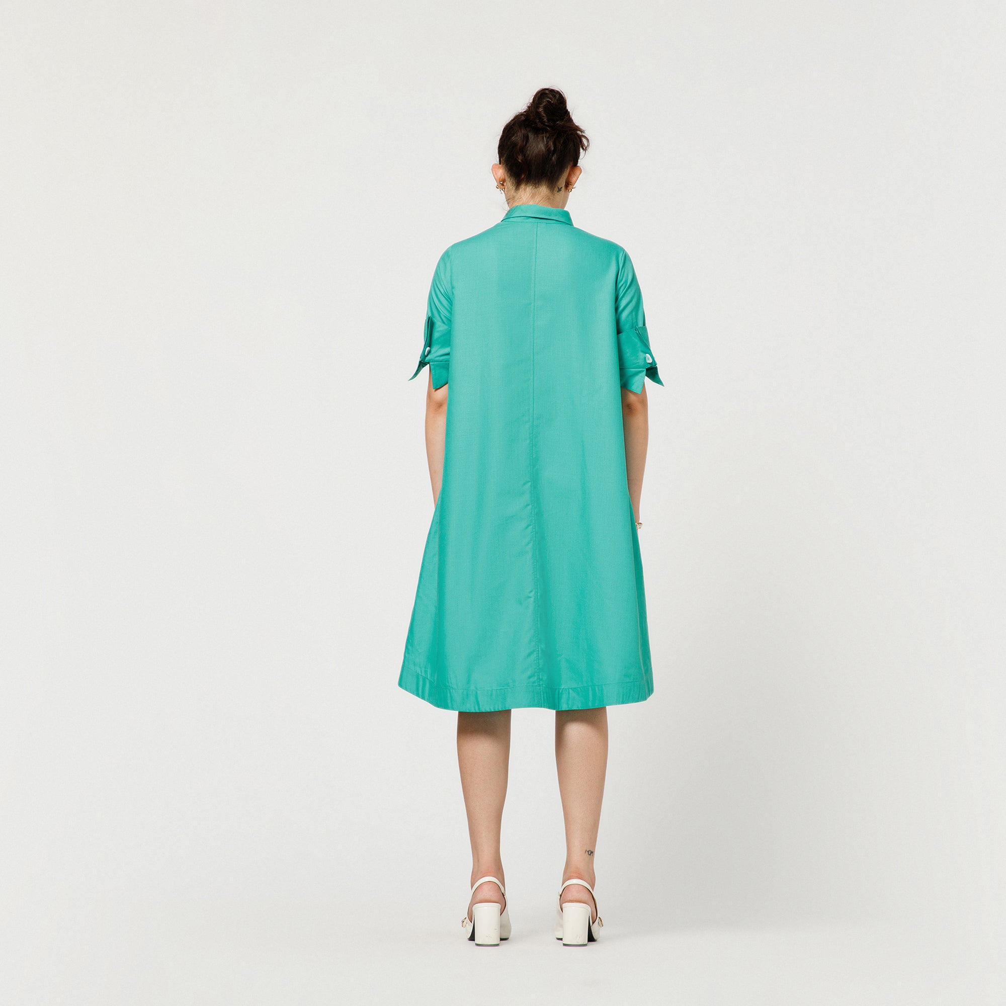 Turquoise A-Line Dress With Dramatic Cuff