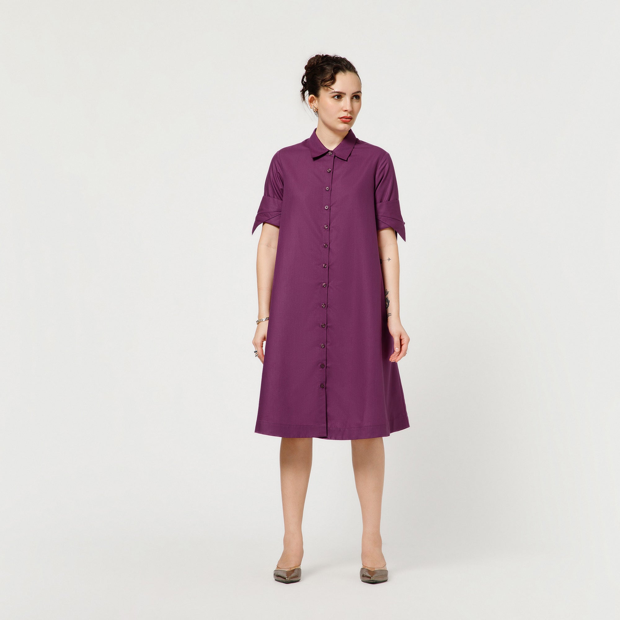 Purple A-Line Dress With Dramatic Cuff