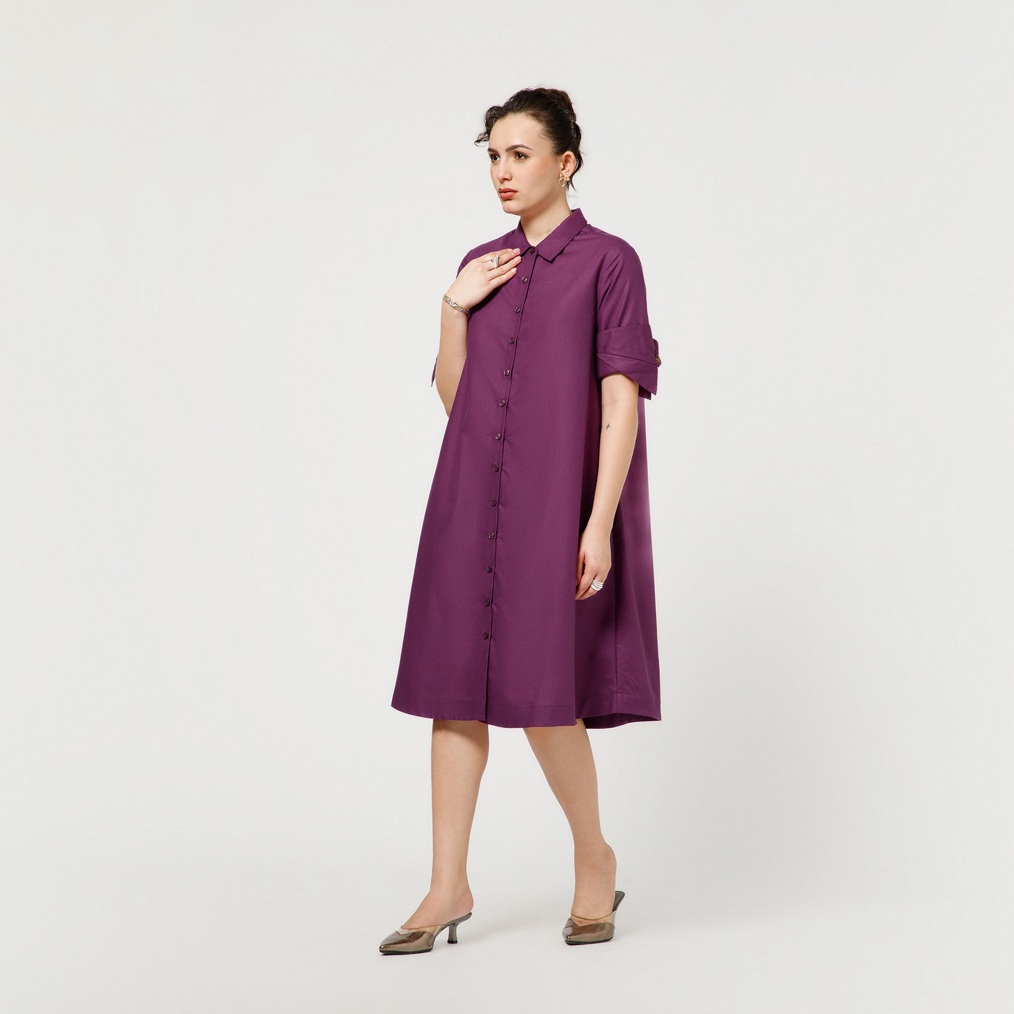 Purple A-Line Dress With Dramatic Cuff