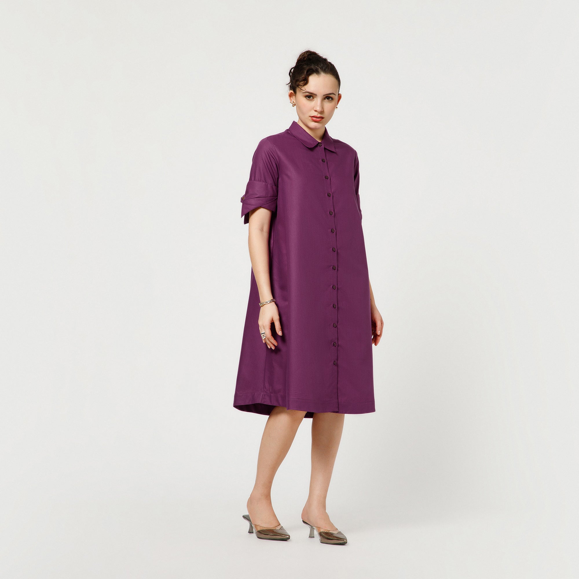Purple A-Line Dress With Dramatic Cuff