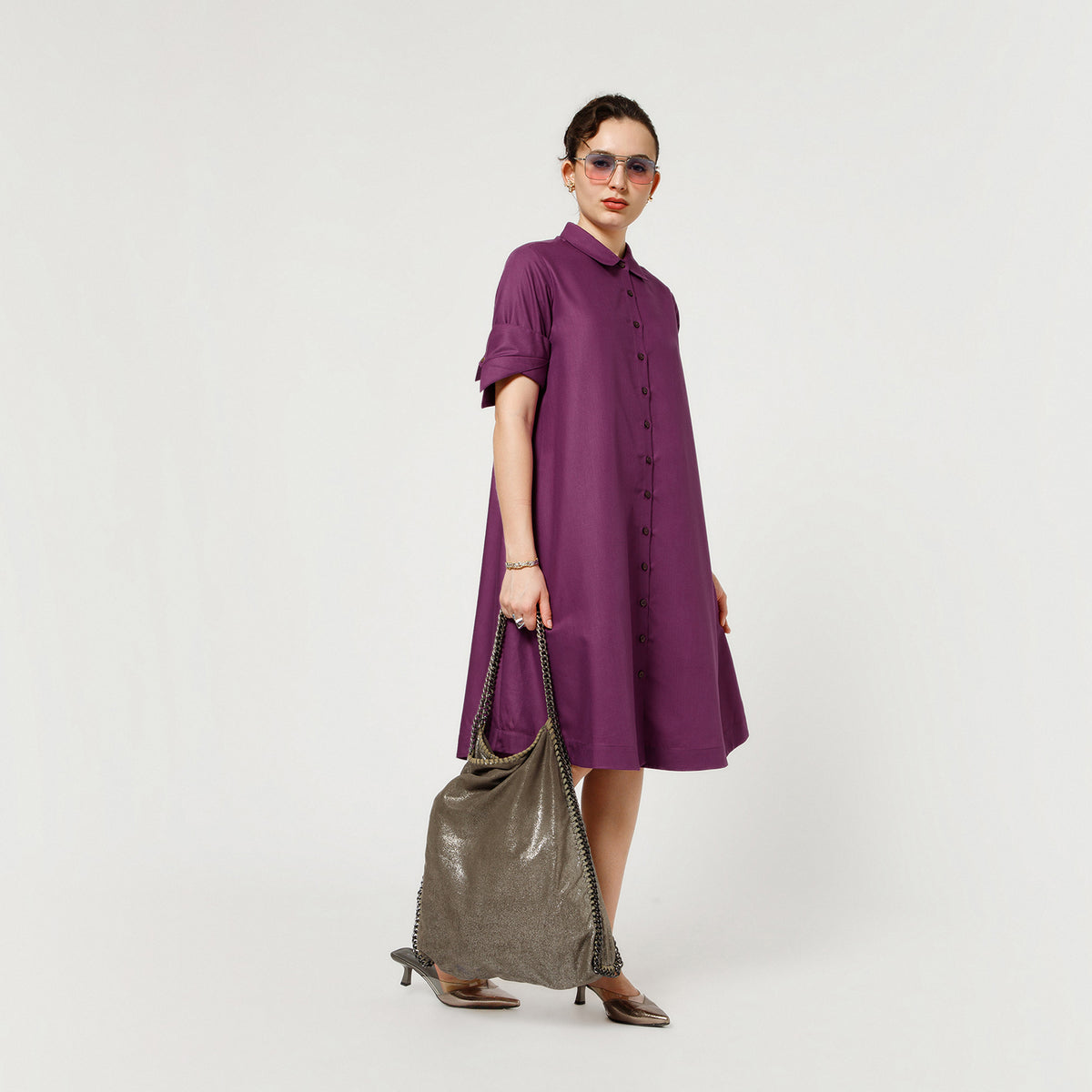 Purple A-Line Dress With Dramatic Cuff
