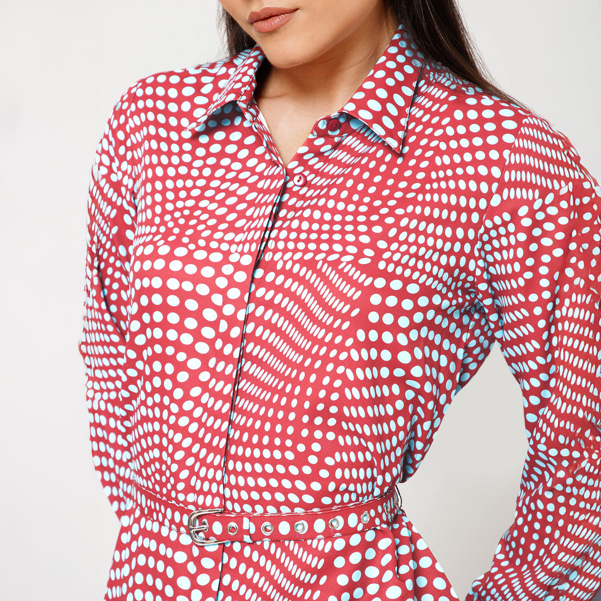 Blue and Brown Polka Print Long Shirt With Belt