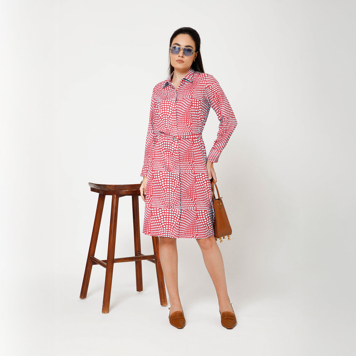 Blue and Brown Polka Print Long Shirt With Belt
