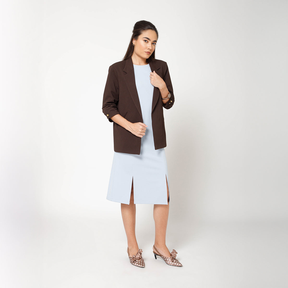 Brown Textured Lycra Jacket With Cufflinks