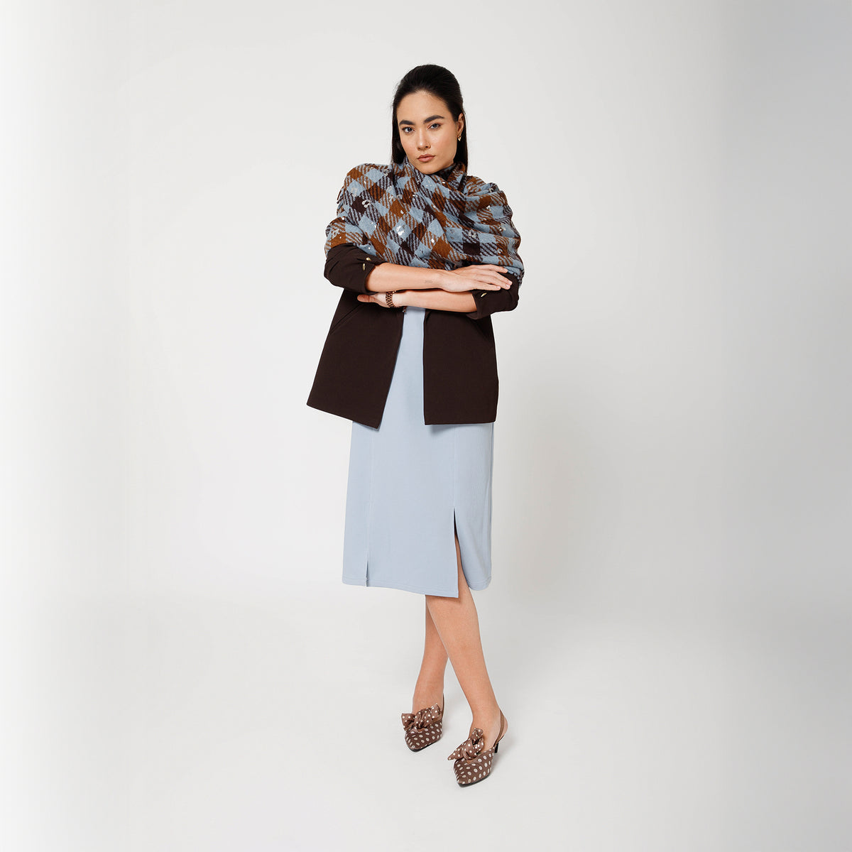 Brown And Sky Blue Check Stole With Foil Print