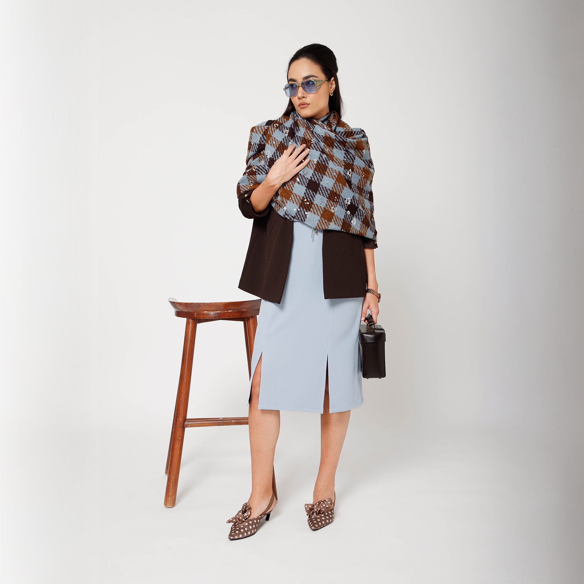 Brown And Sky Blue Check Stole With Foil Print