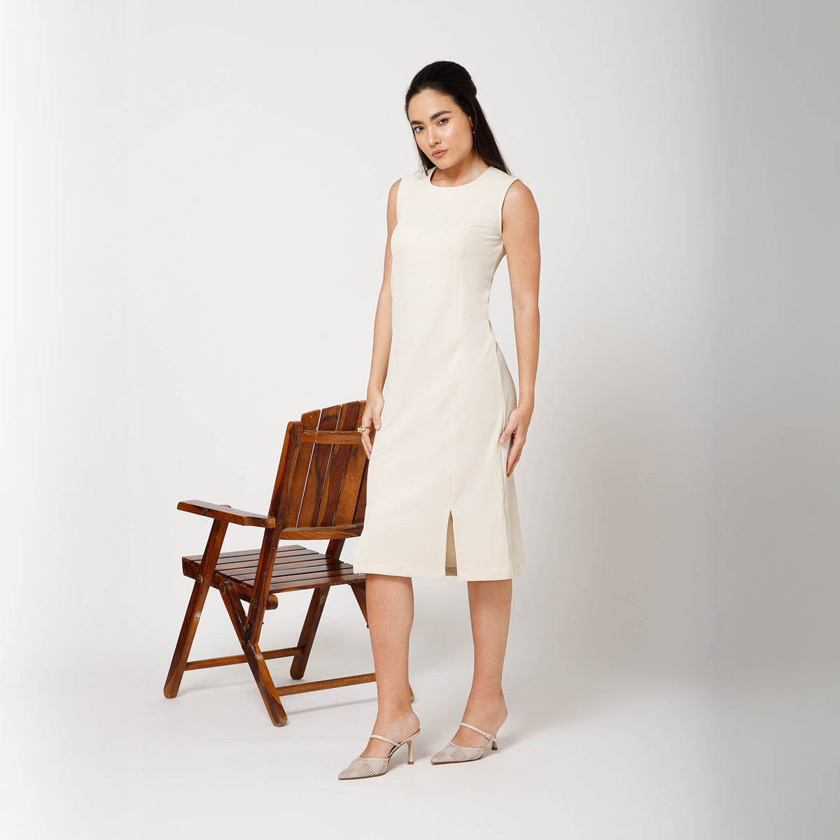 Off White Textured Lycra Long Slit Dress -1