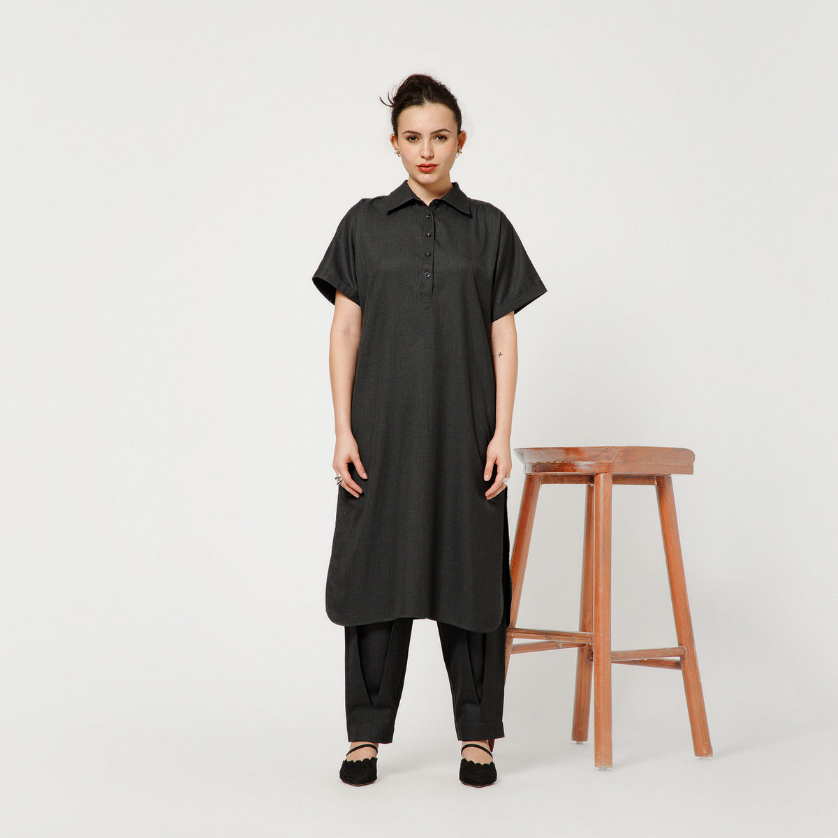 Dark Grey Tunic With Grey Ribbon