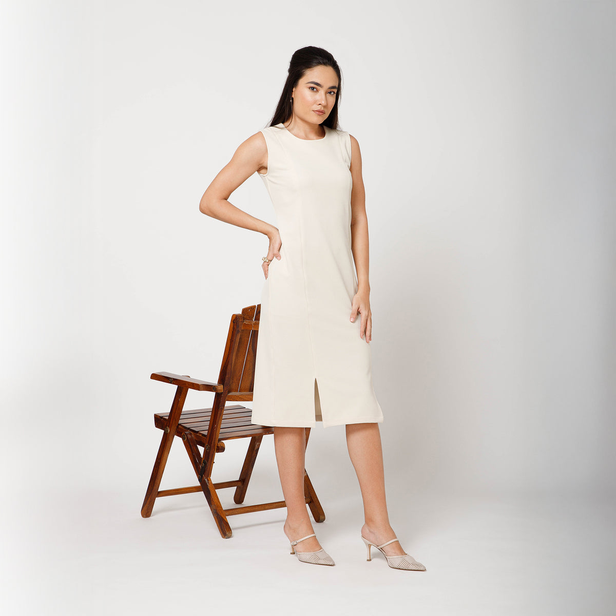 Off White Textured Lycra Long Slit Dress -2