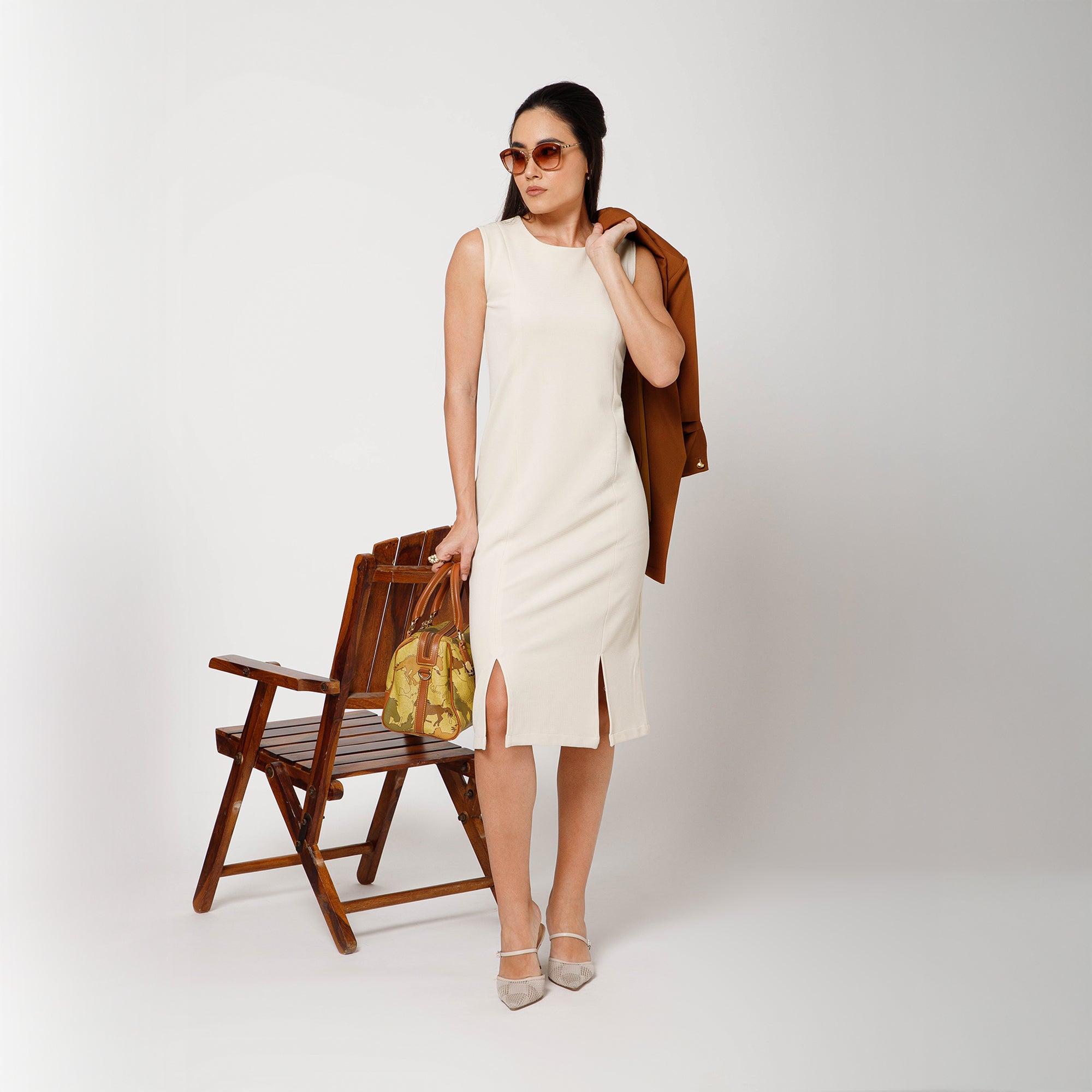 Off White Textured Lycra Long Slit Dress 