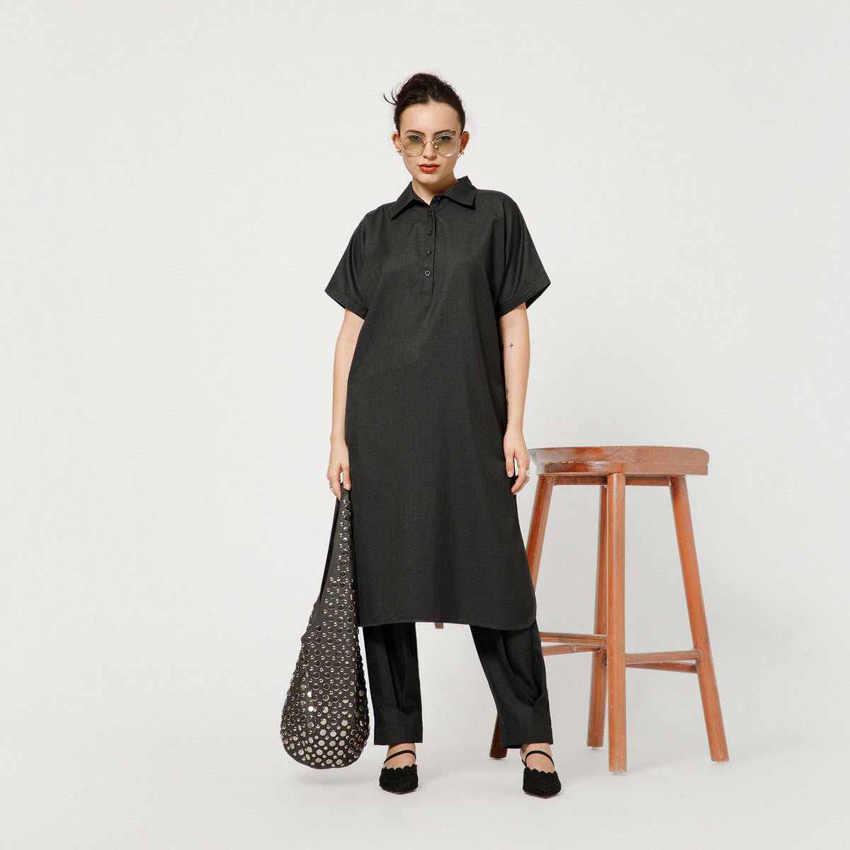 Dark Grey Tunic With Grey Ribbon