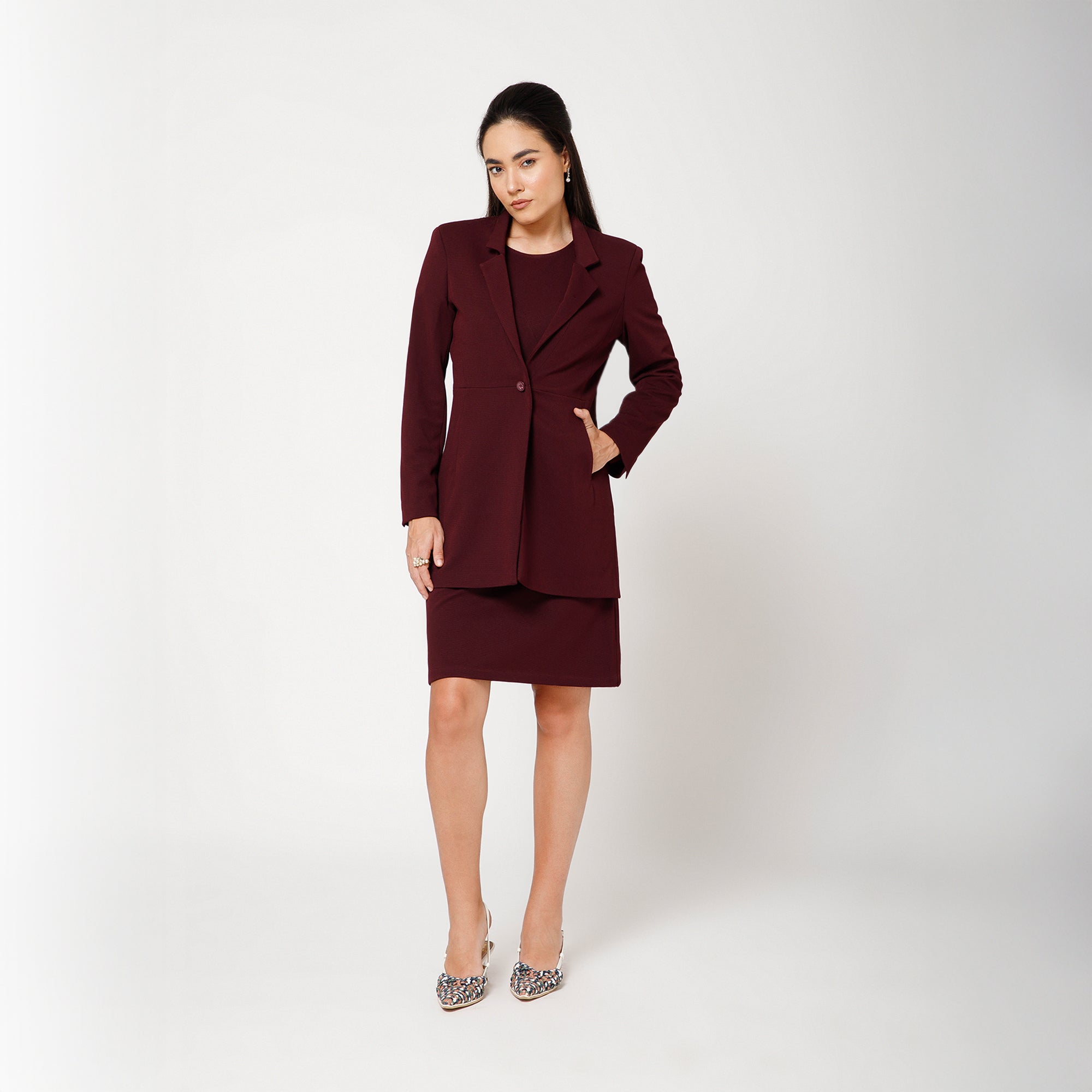 Maroon Textured Jacket With Pockets