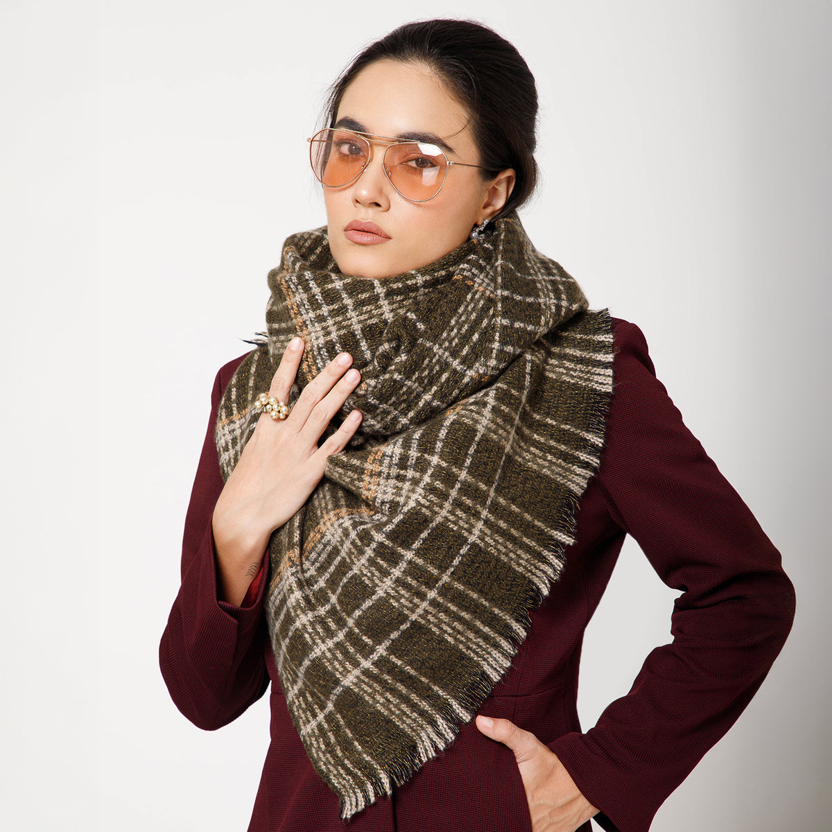 Olive Green With White Check Stole