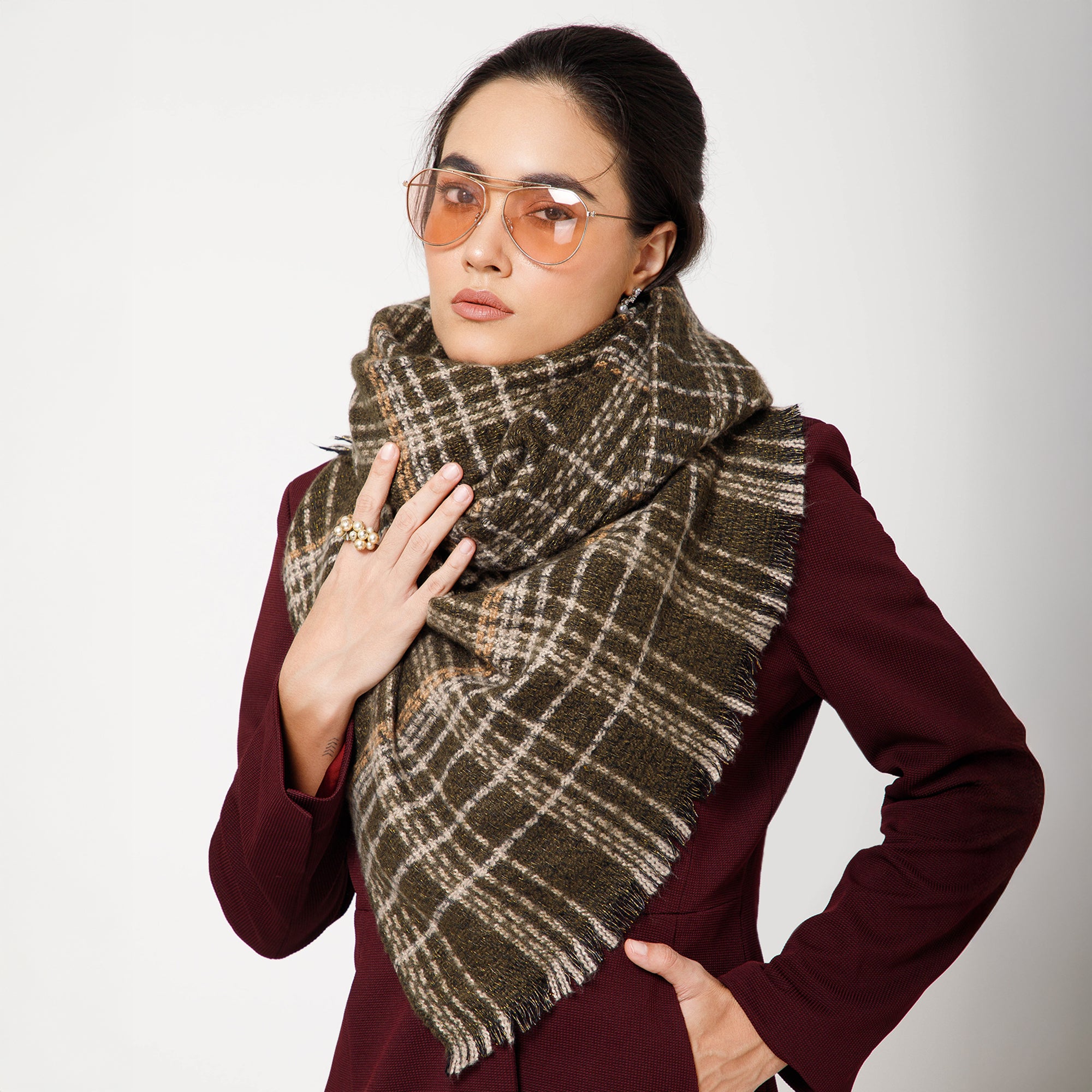 Olive Green With White Check Stole