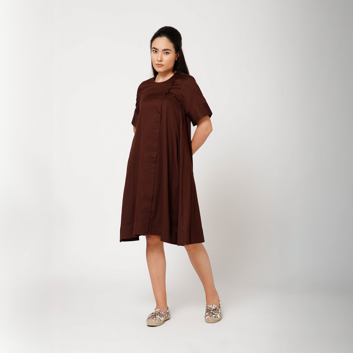 Brown Cotton A-Line Dress With Round Neck