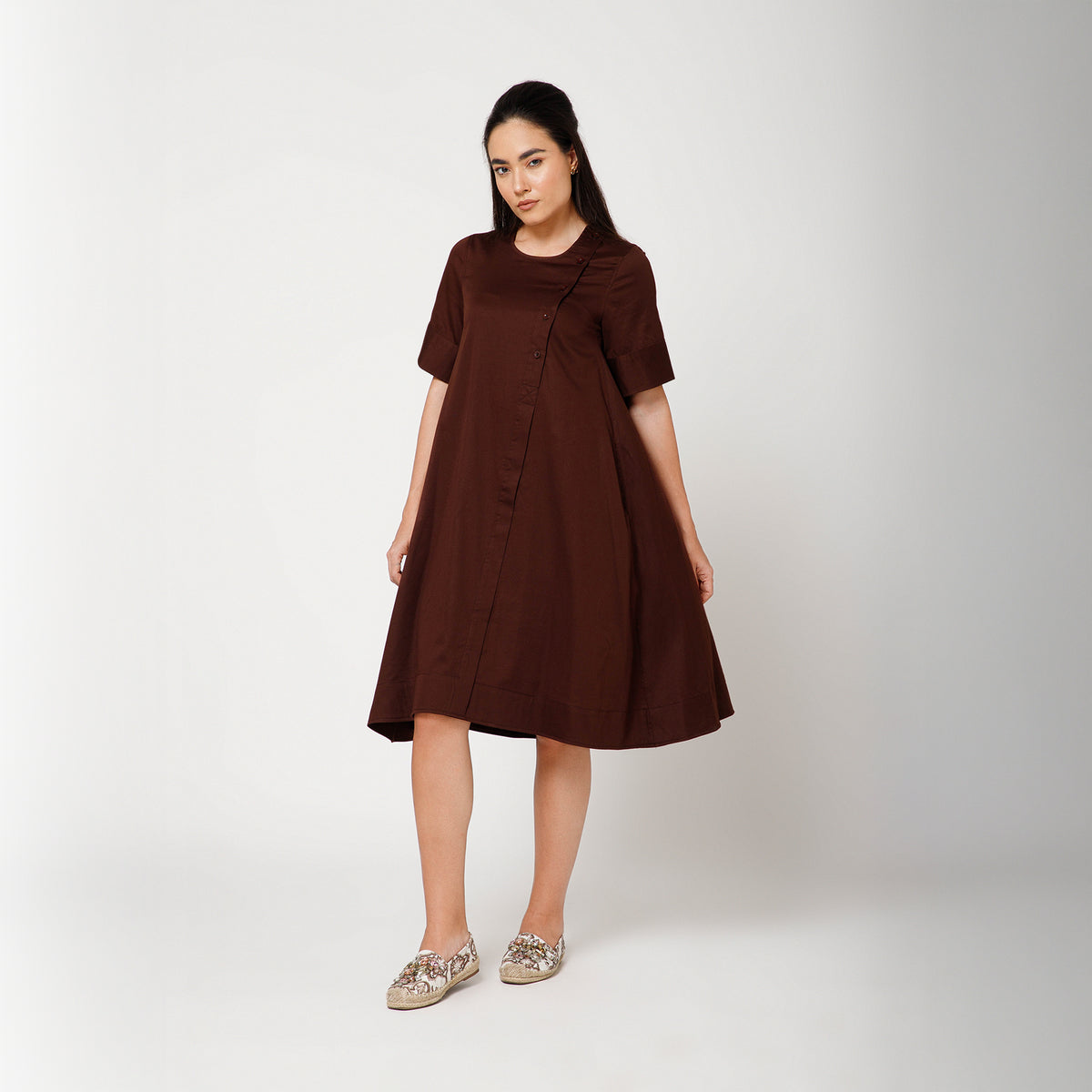 Brown Cotton A-Line Dress With Round Neck