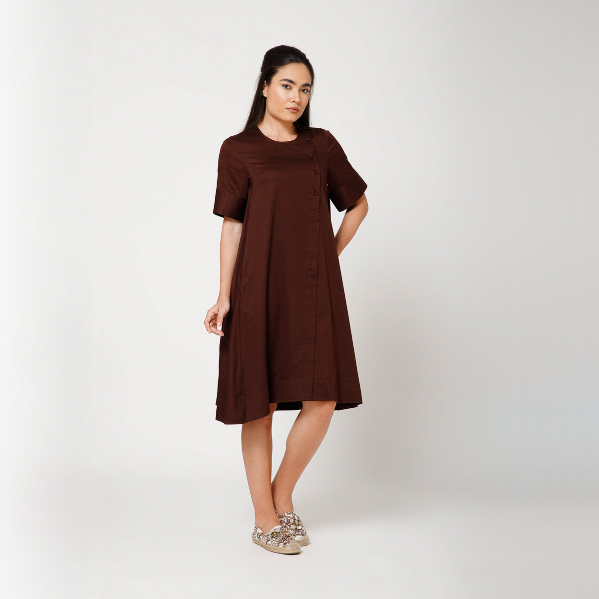 Brown Cotton A-Line Dress With Round Neck