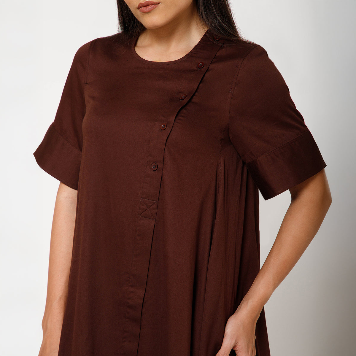Brown Cotton A-Line Dress With Round Neck