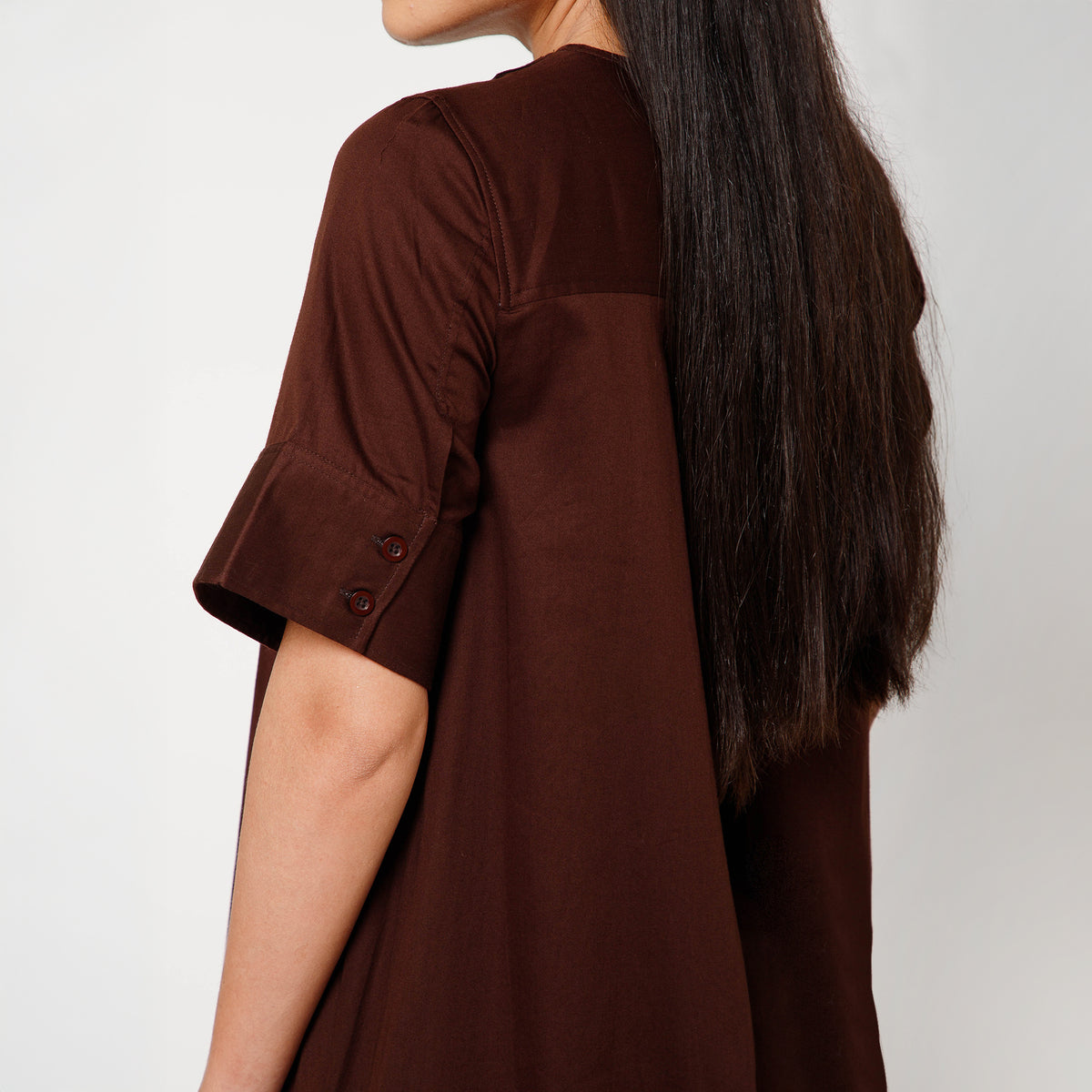 Brown Cotton A-Line Dress With Round Neck
