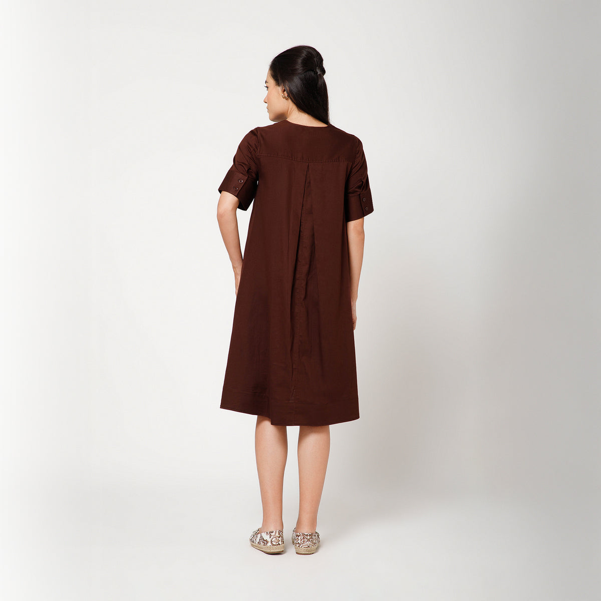 Brown Cotton A-Line Dress With Round Neck