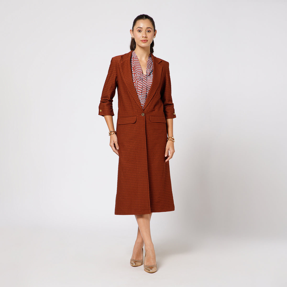 Brown Textured Over Coat With Cufflinks