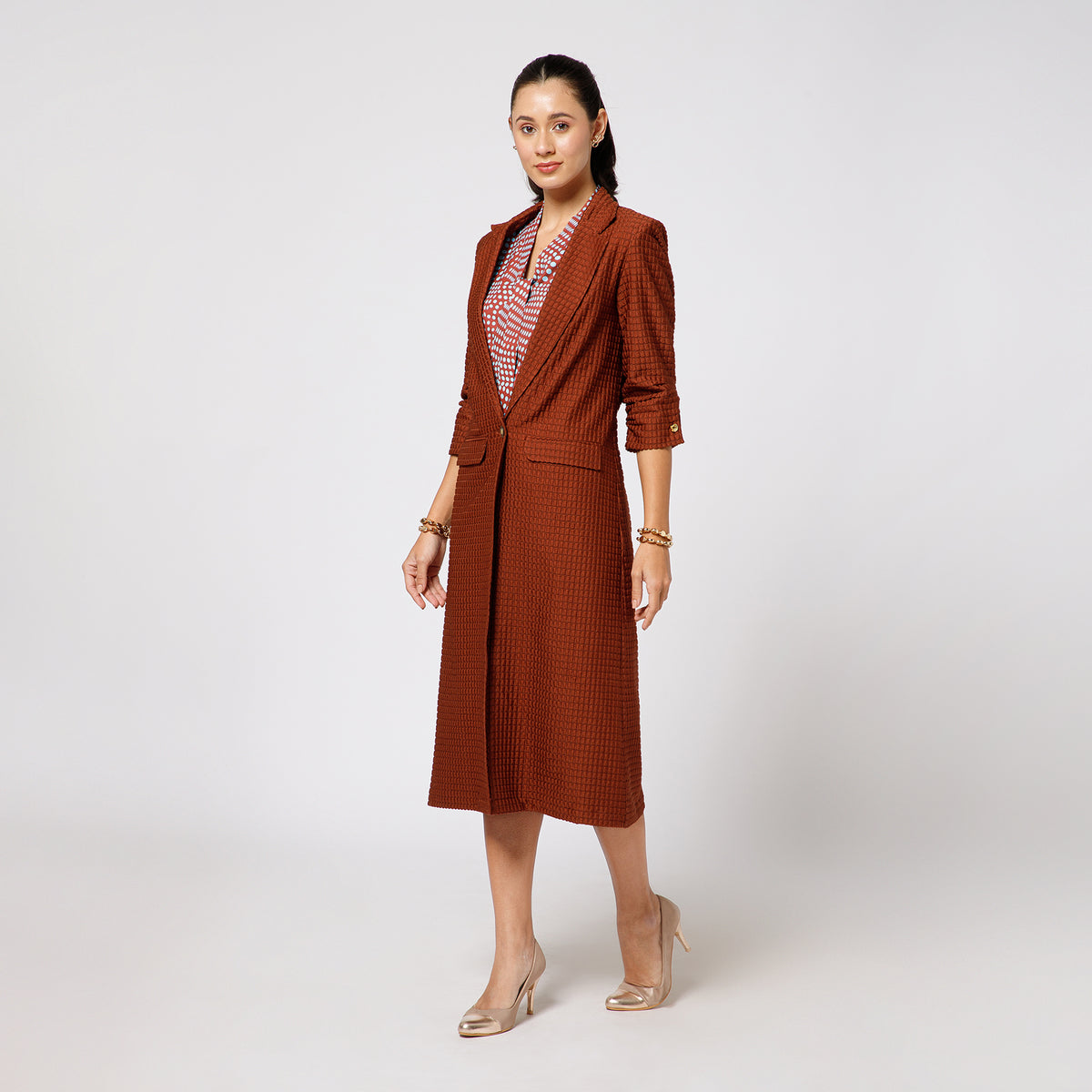 Brown Textured Over Coat With Cufflinks
