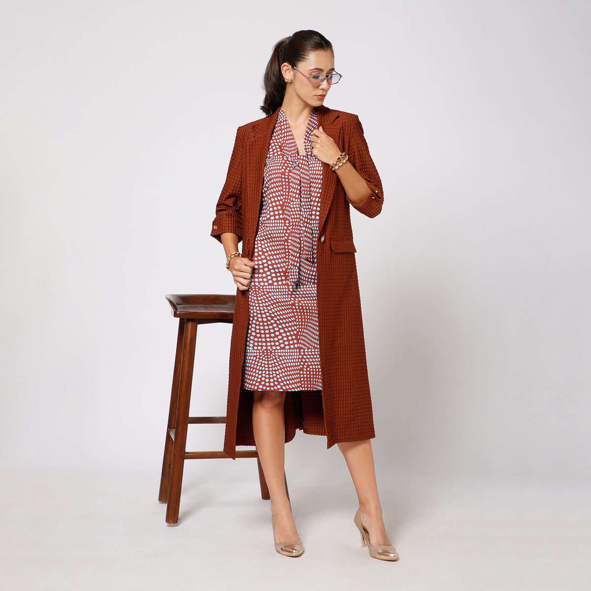 Brown Textured Over Coat With Cufflinks