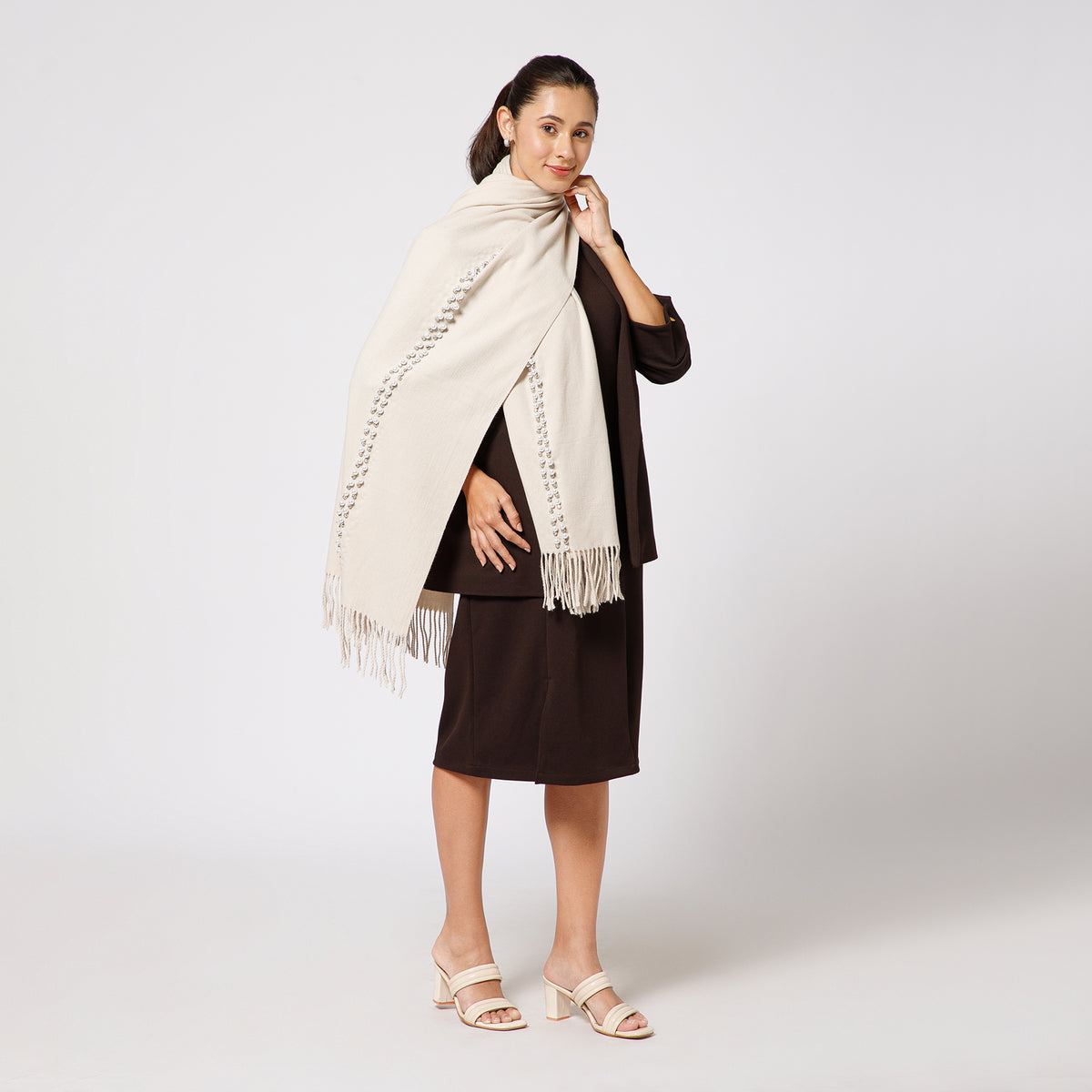 Off White Stole With Crystal And Pearls