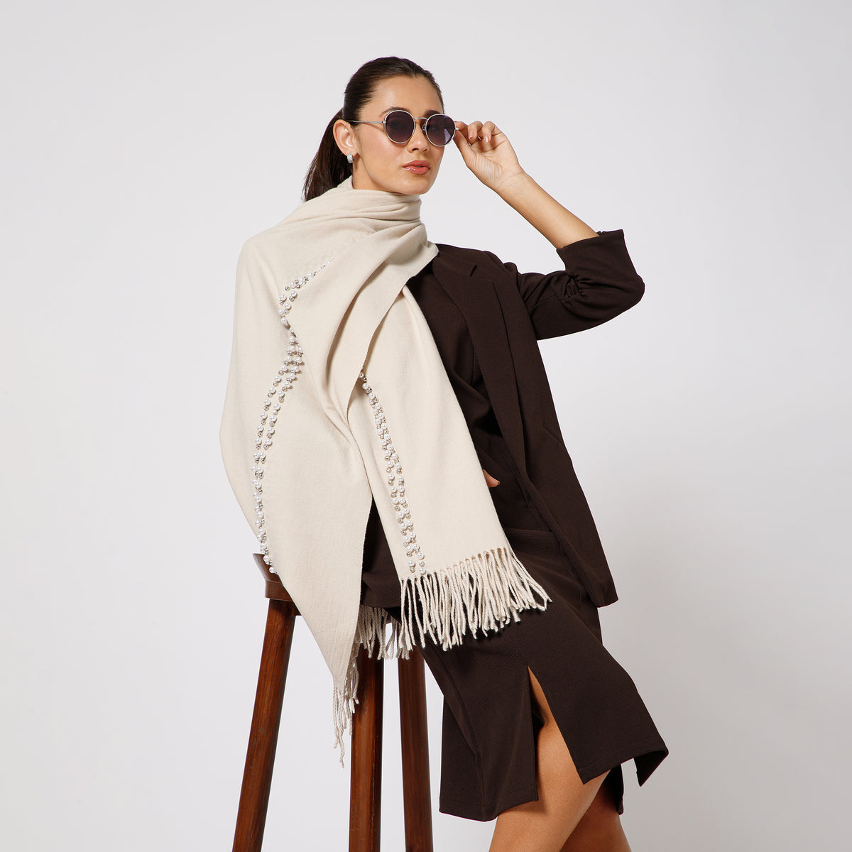 Off White Stole With Crystal And Pearls