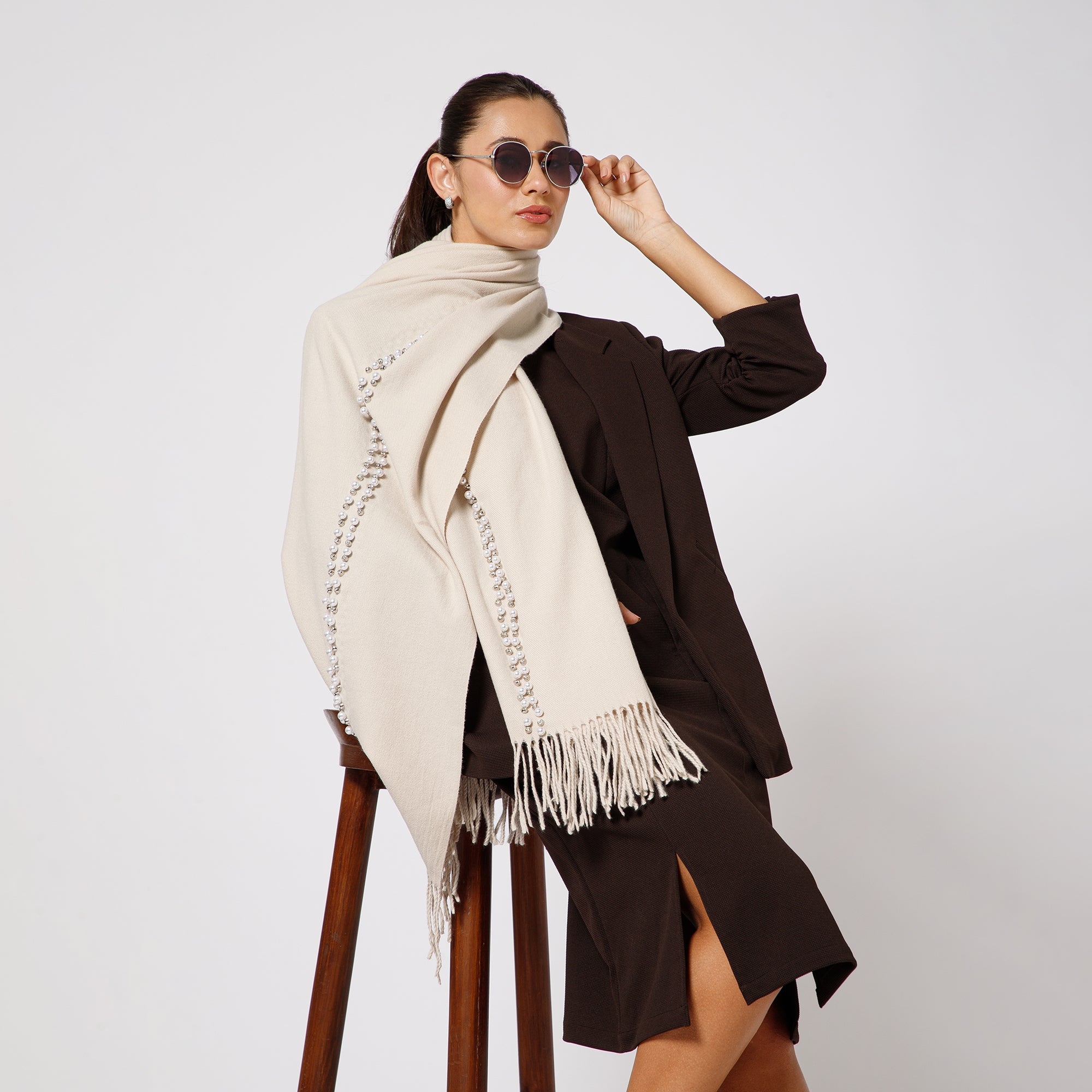 Off White Stole With Crystal And Pearls