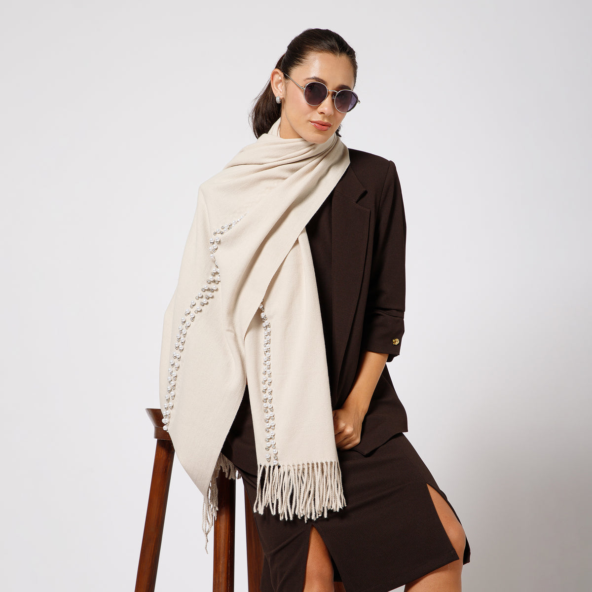 Off White Stole With Crystal And Pearls