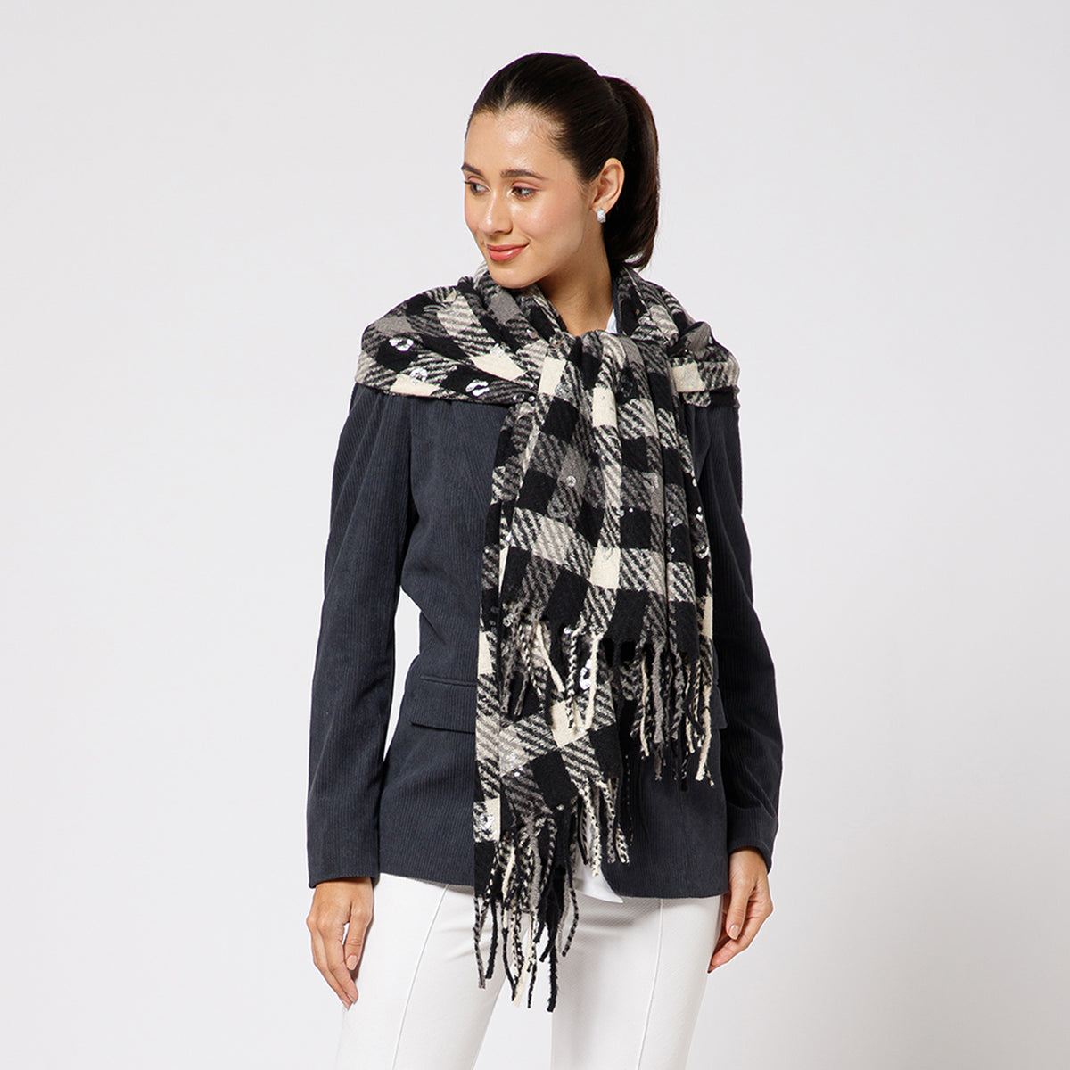 Black And White Check Stole With Foil Print