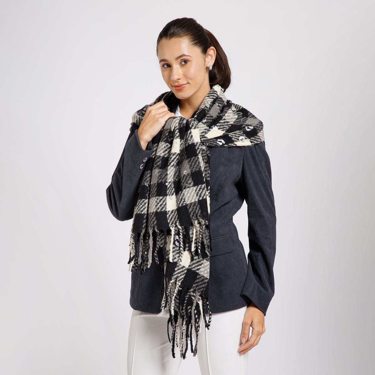 Black And White Check Stole With Foil Print