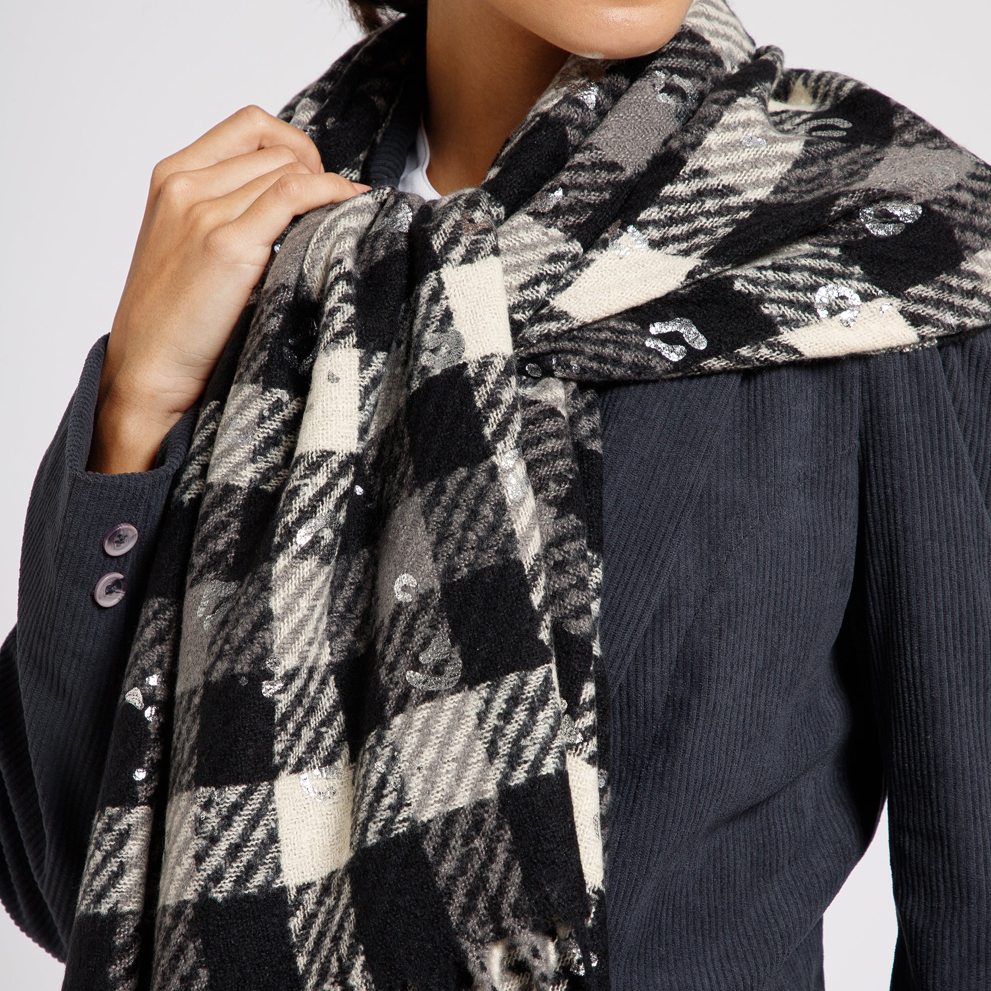 Black And White Check Stole With Foil Print