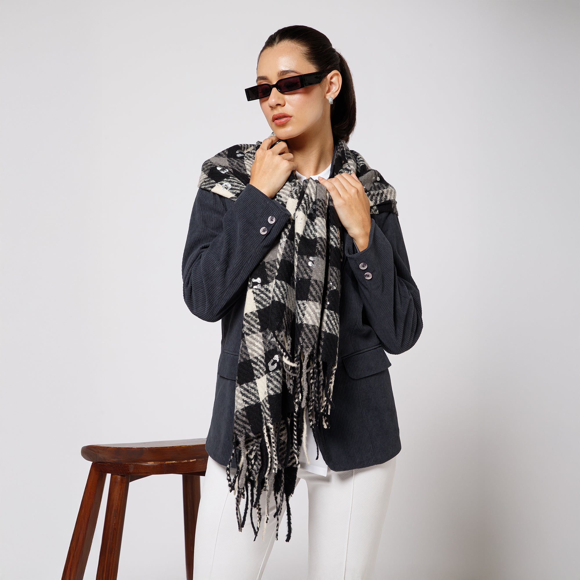 Black And White Check Stole With Foil Print