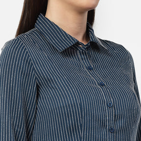 Dark Blue Asymmetrical Shirt With White Lines