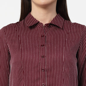 Dark Pink Asymmetrical Shirt With White Lines
