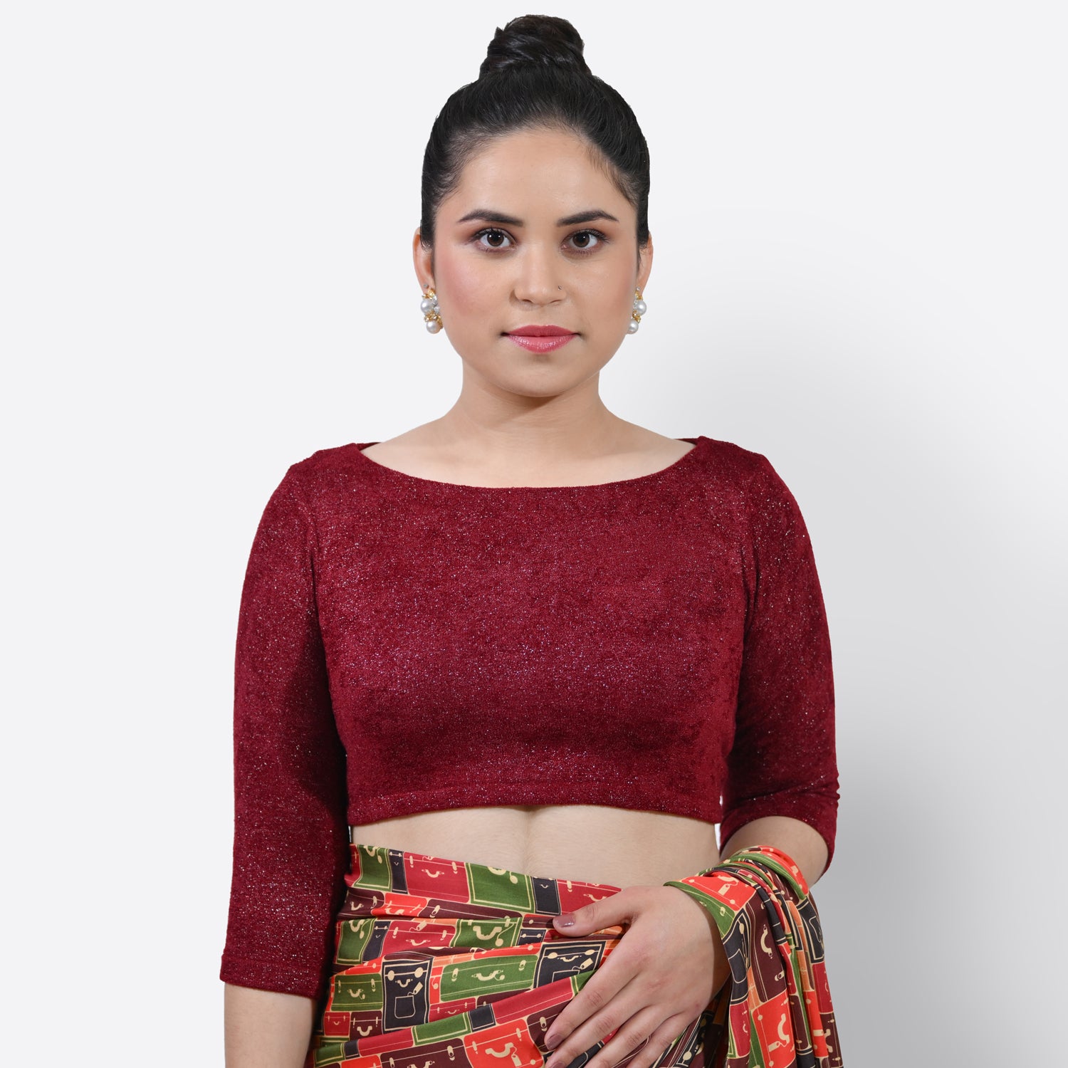 Maroon Boat Neck Velvet Blouse, Stylish Blouses for Sarees, Perfect for Office Wear