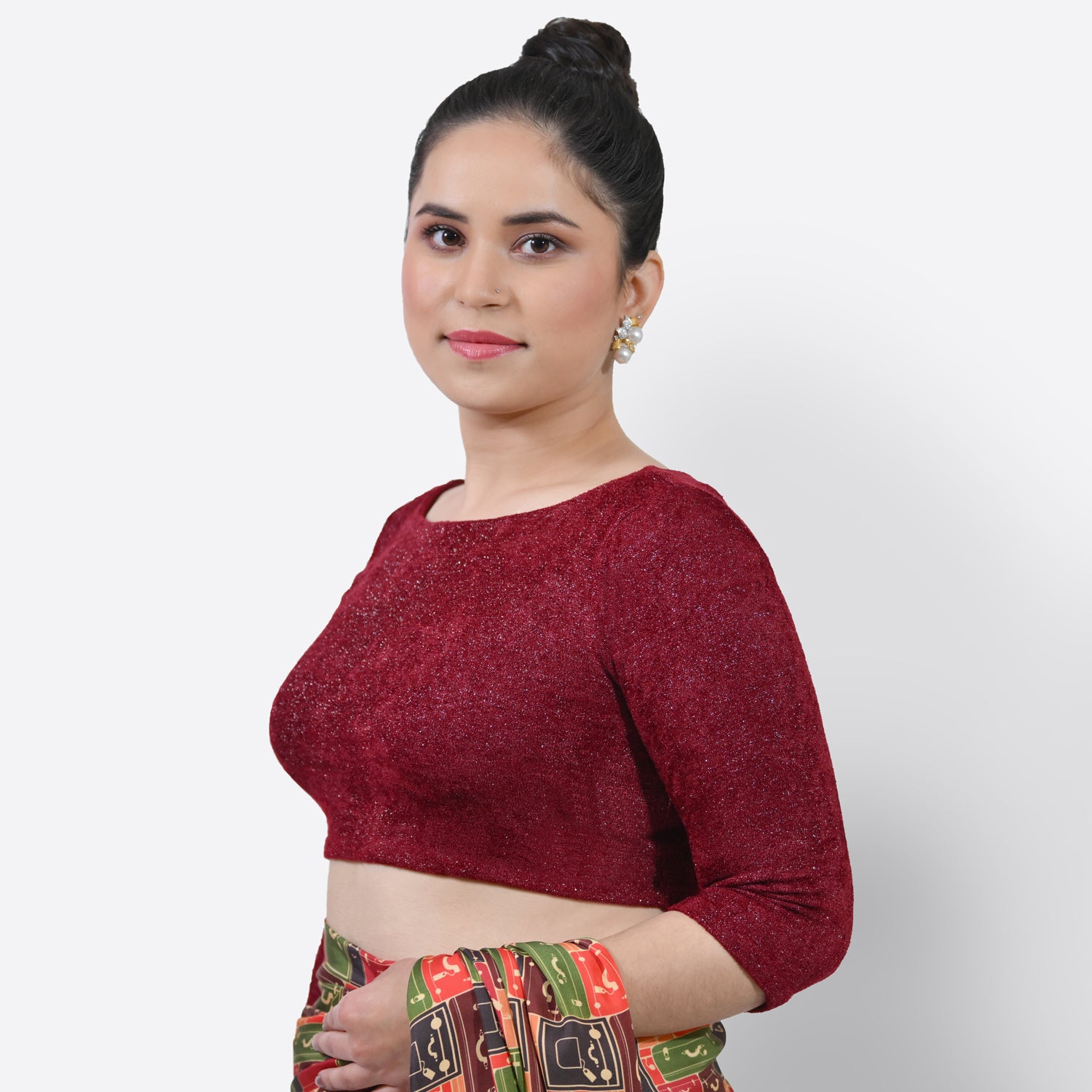 Maroon Boat Neck Velvet Blouse, Stylish Blouses for Sarees, Perfect for Office Wear