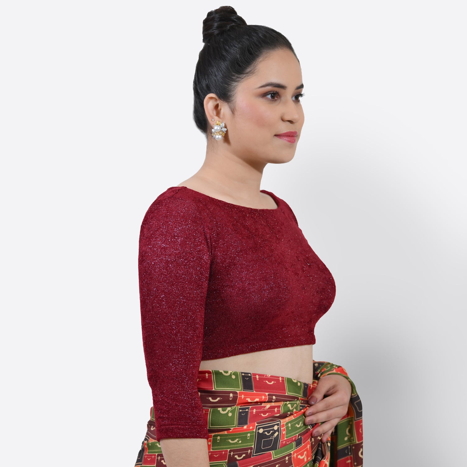 Maroon Boat Neck Velvet Blouse, Stylish Blouses for Sarees, Perfect for Office Wear