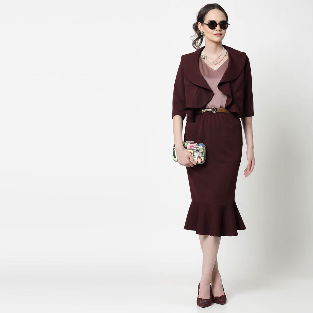 Maroon Collar Short Jacket with Frill for Women